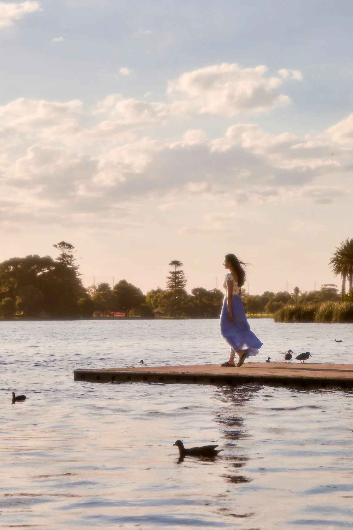 A woman in a blue and white dress walking on a dock over a lake at sunset, with ducks swimming nearby and trees in the background.