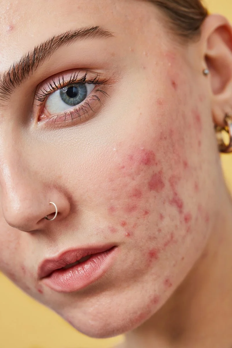 Close-up of a woman's face showing red acne scars and blemishes on her cheek, with blue eye, eyebrow, nose ring, and earrings visible.