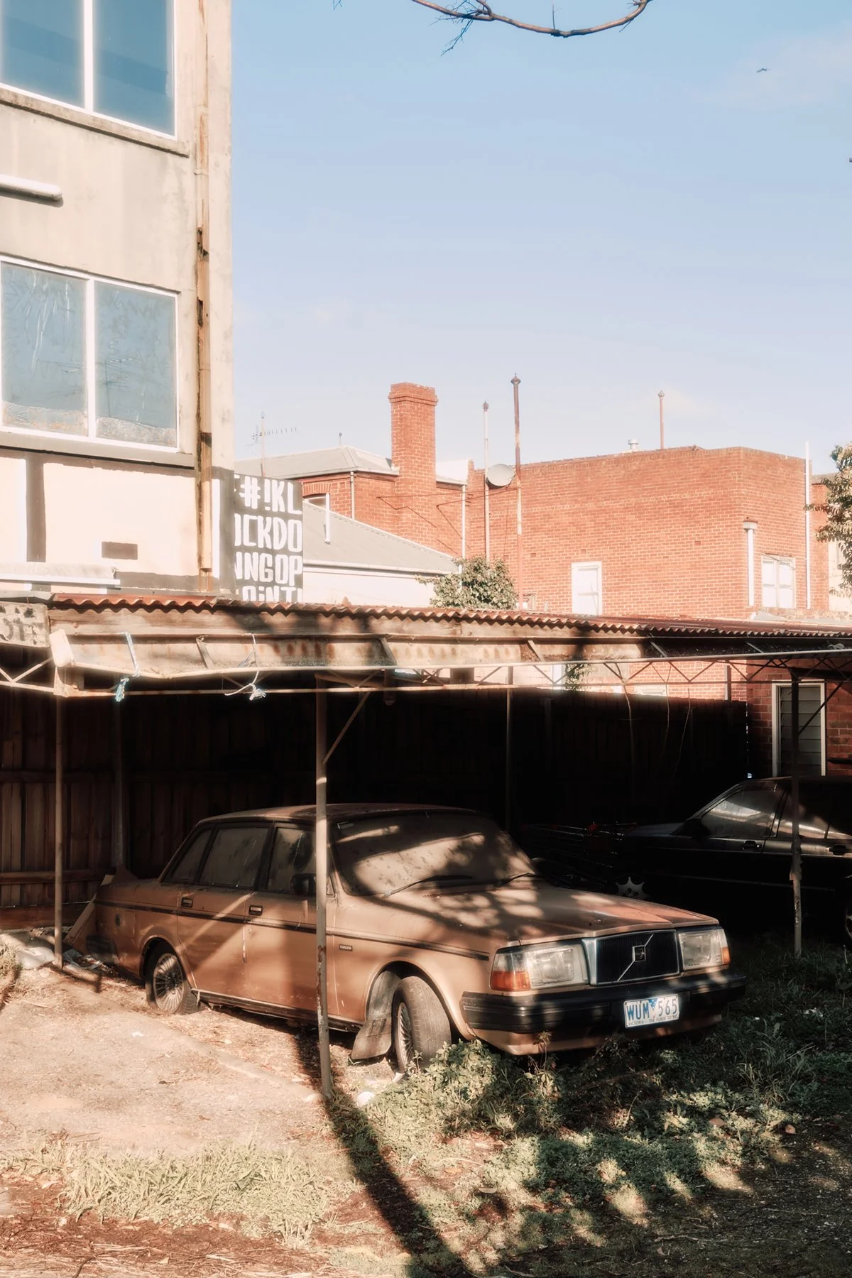 An old brown Volvo station wagon parked in a shaded carport with a corrugated metal roof, next to another car, in a backyard with a brick wall and a red brick building in the background under a clear blue sky.