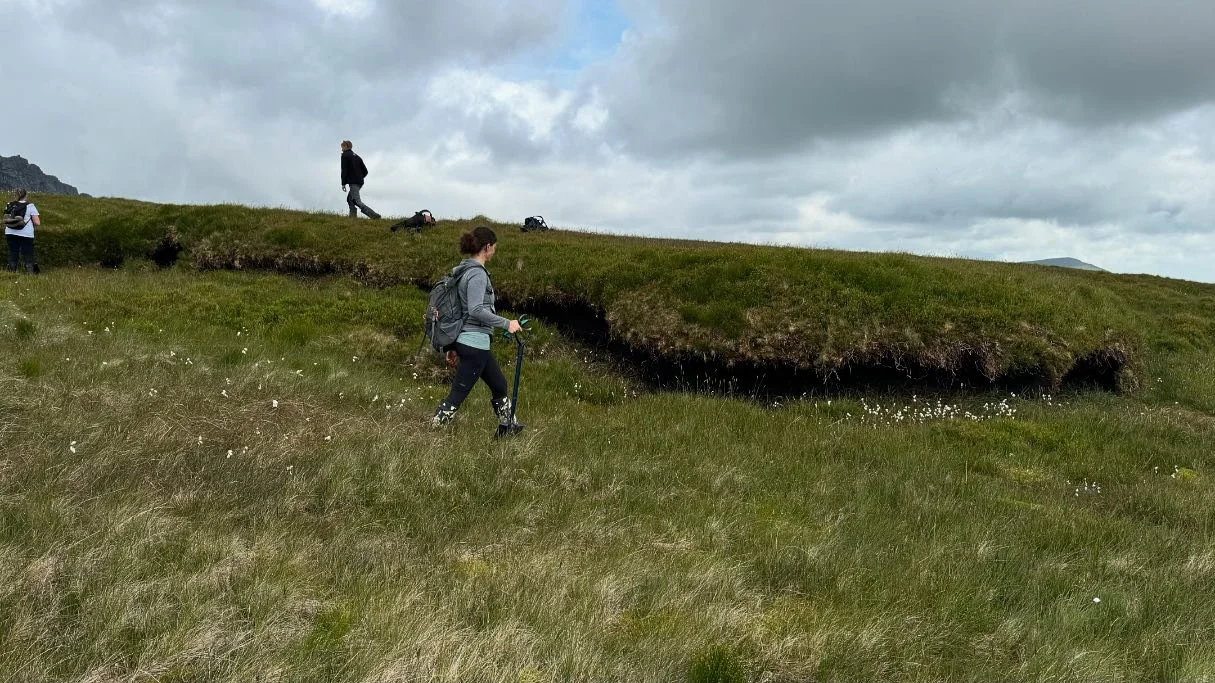 After a hike up, we spent the day repairing a peat hag to the east of Glyder Fach. First, we removed the top turf, created a gradient with the peat, and then replaced the turf. This prevents the peat bog from eroding and allows it to continue growing