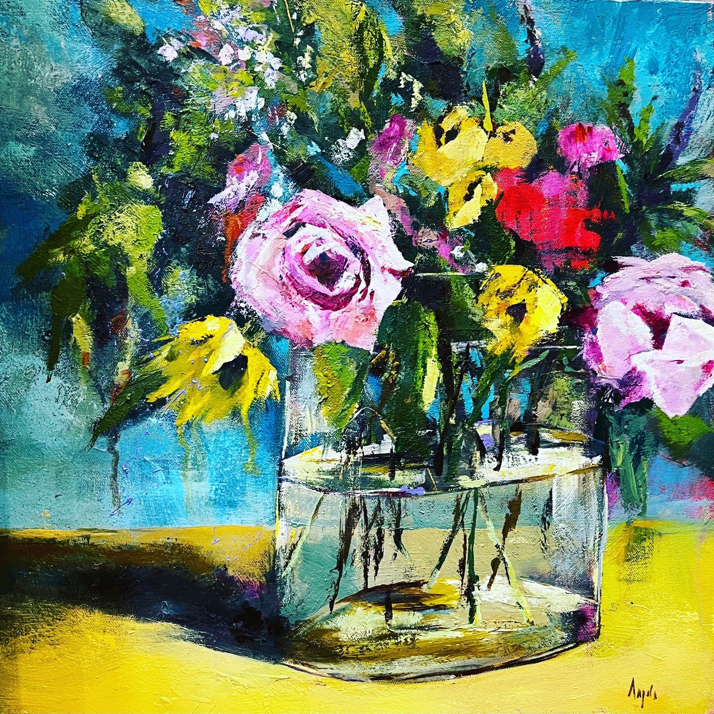 New Art! This floral is titled &quot;Friendly Flowers,&quot; oil on canvas 20x20. Wouldn't mom love this? $600