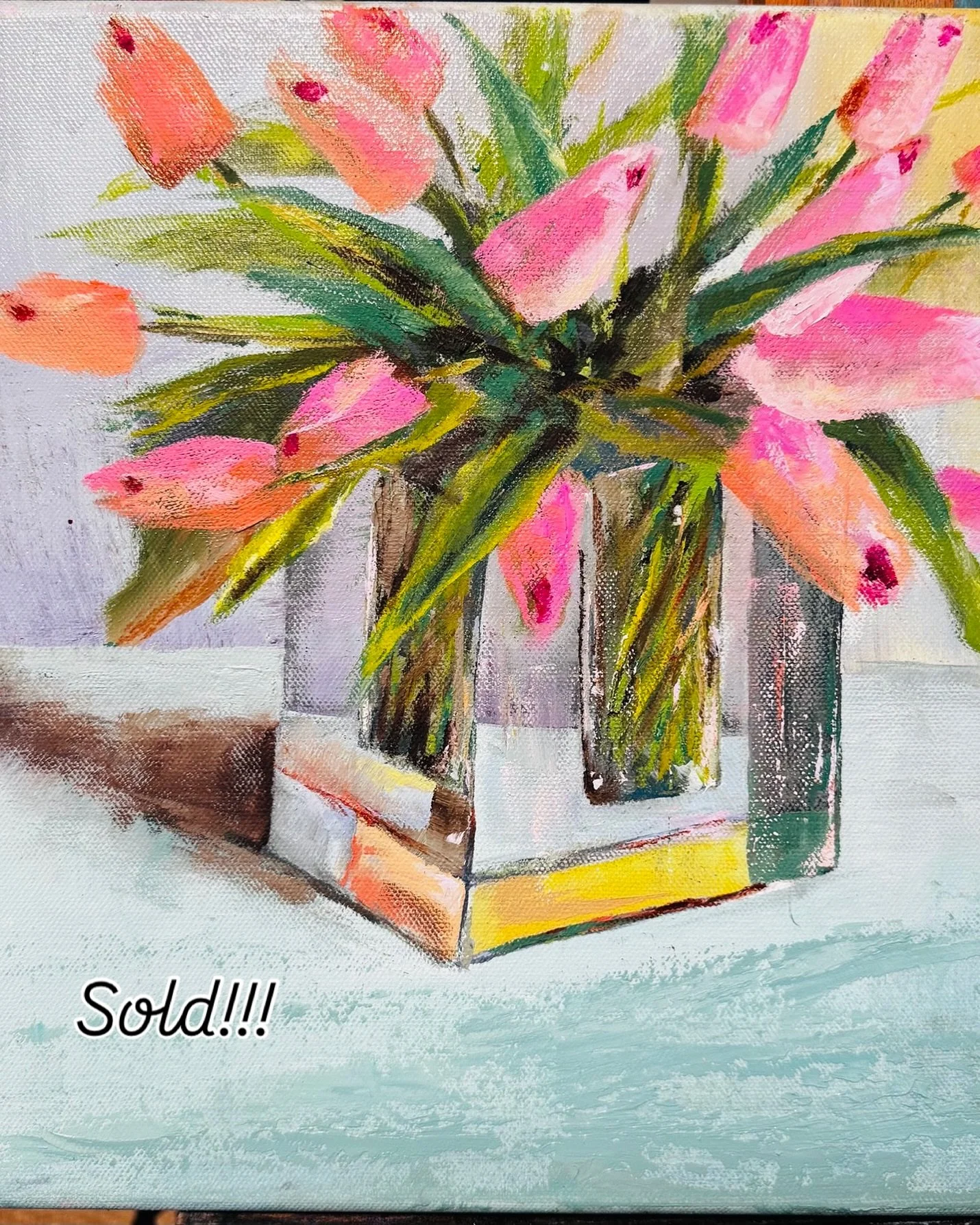 So happy to have &ldquo;Tiny Tulips&rdquo; go to its forever home! #angelaart.net @bluehandhome @wilmingtonartassociation @studioworksclt #floralart #lovetopaint