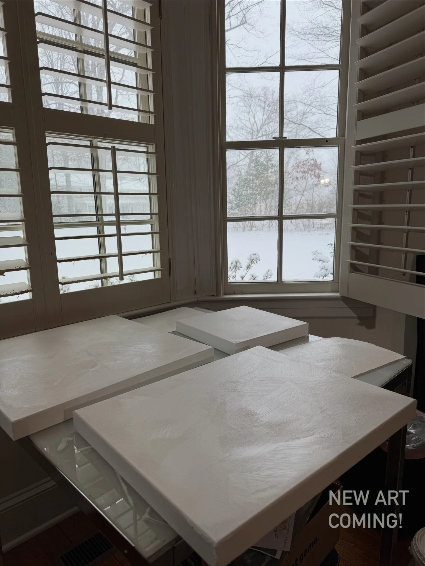 What a great day for some canvas prep! Jive workday in my home studio -watching the beautiful snow falling! #angelaart.net @studioworksclt @guildofcharlotteartists #localartclt #lovetopaint❤️ @wilmingtonartassociation