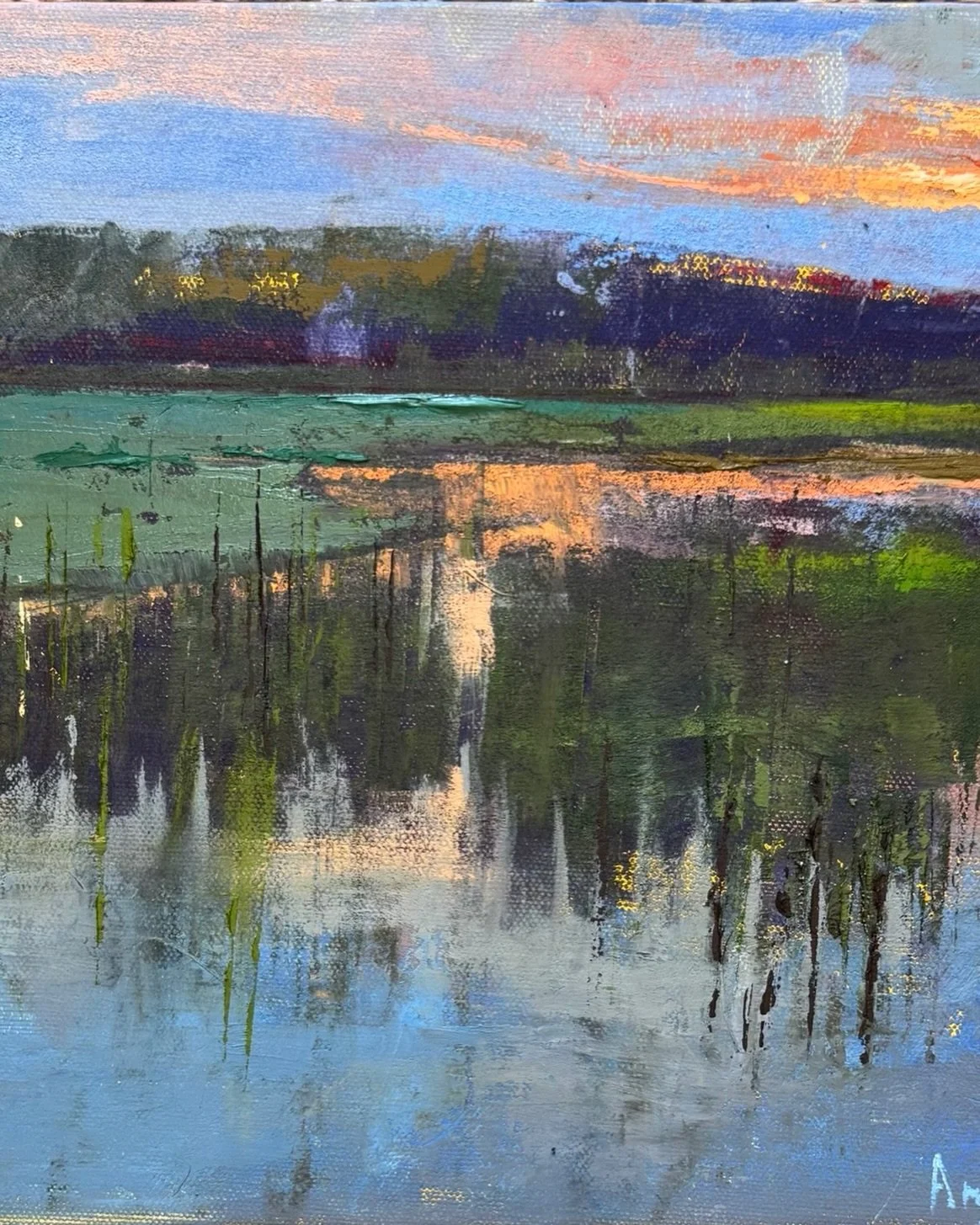 "Sunset Dip" Mixed Media 11x14 #angelaart.net @studioworksclt @guildofcharlotteartists @wilmingtonartassociation #coastalart #coastallandscape #marshscene