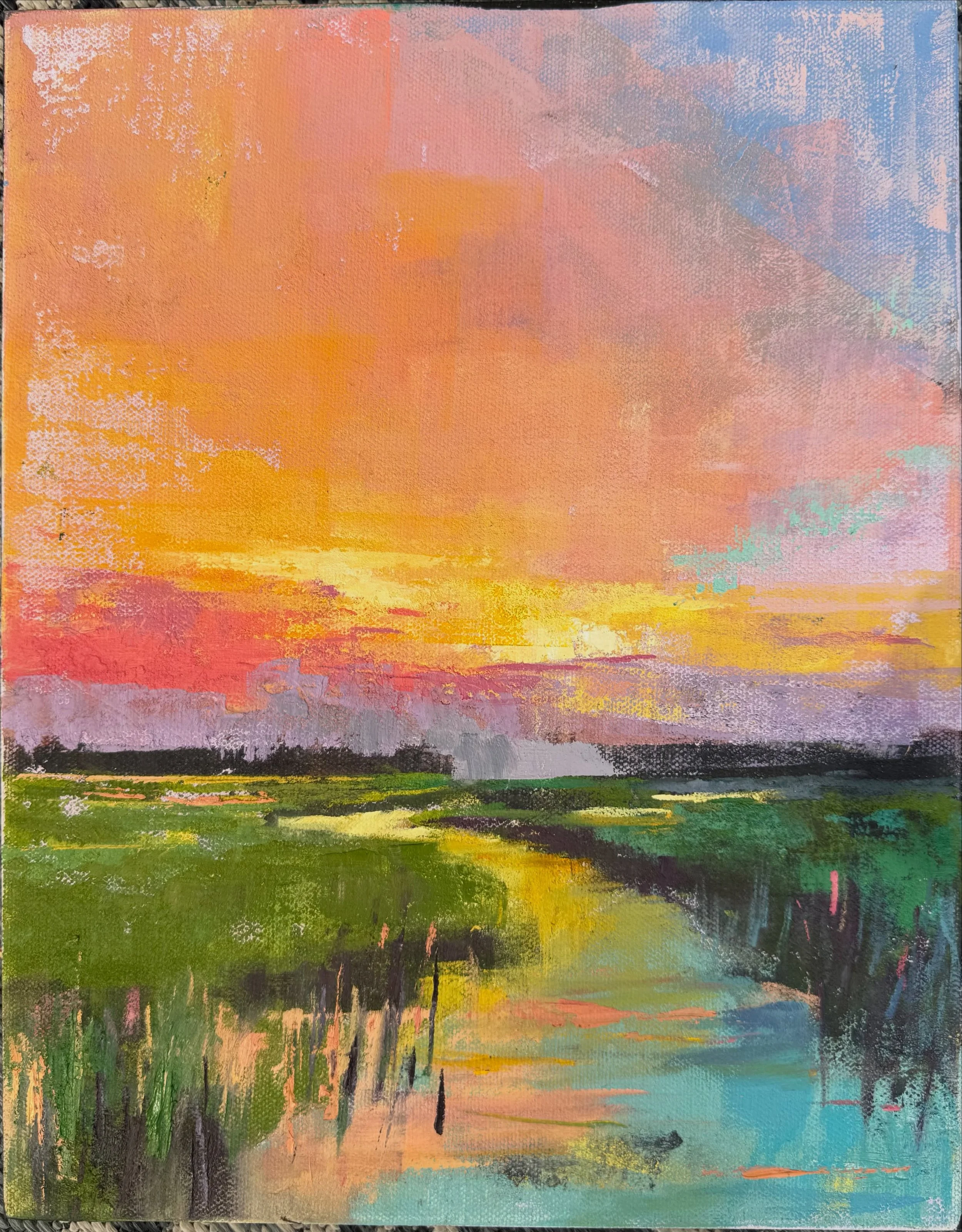 "Happy Hour," mixed media 14x11. Available @bluehandhome #angelaart.net #coastal art #sunset