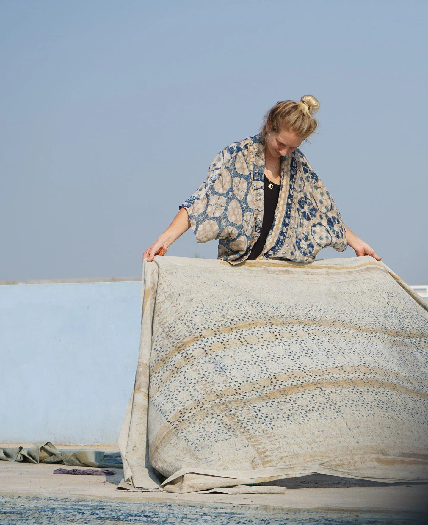 The Achadiya cloth that's inspired the first Studio Astray collection, is re-purposed cotton table coverings collected from Ajrakh block printing workshops in the desert region of Kutch. 

Over time, these cloths absorb layers of incidental patterns,