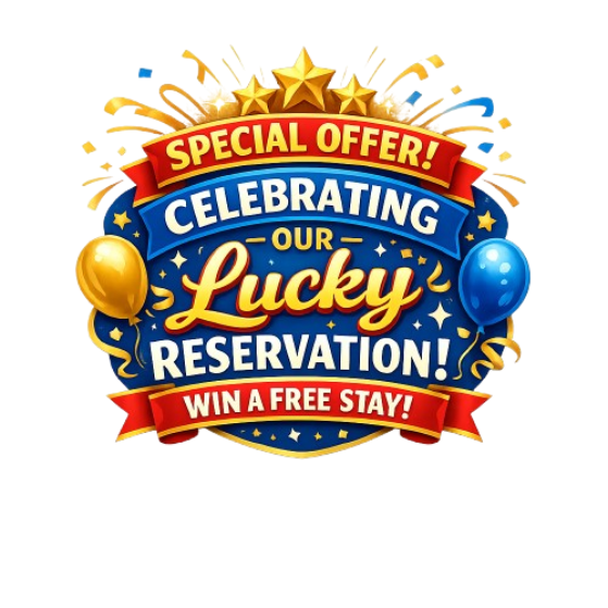 Imagem de um anúncio comemorativo com balões dourados e azuis, fitas vermelhas e estrelas douradas, celebrando uma reserva especial com oferta grátis.