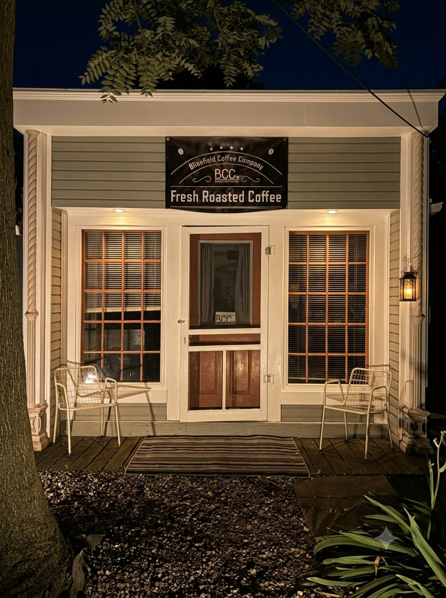 Front of the BCC building, with a sign above the door saying, "Fresh Roasted Coffee." The building has a porch with two white chairs, and a lantern hanging on the right side. The windows have wooden blinds, and there's a tree to the left.