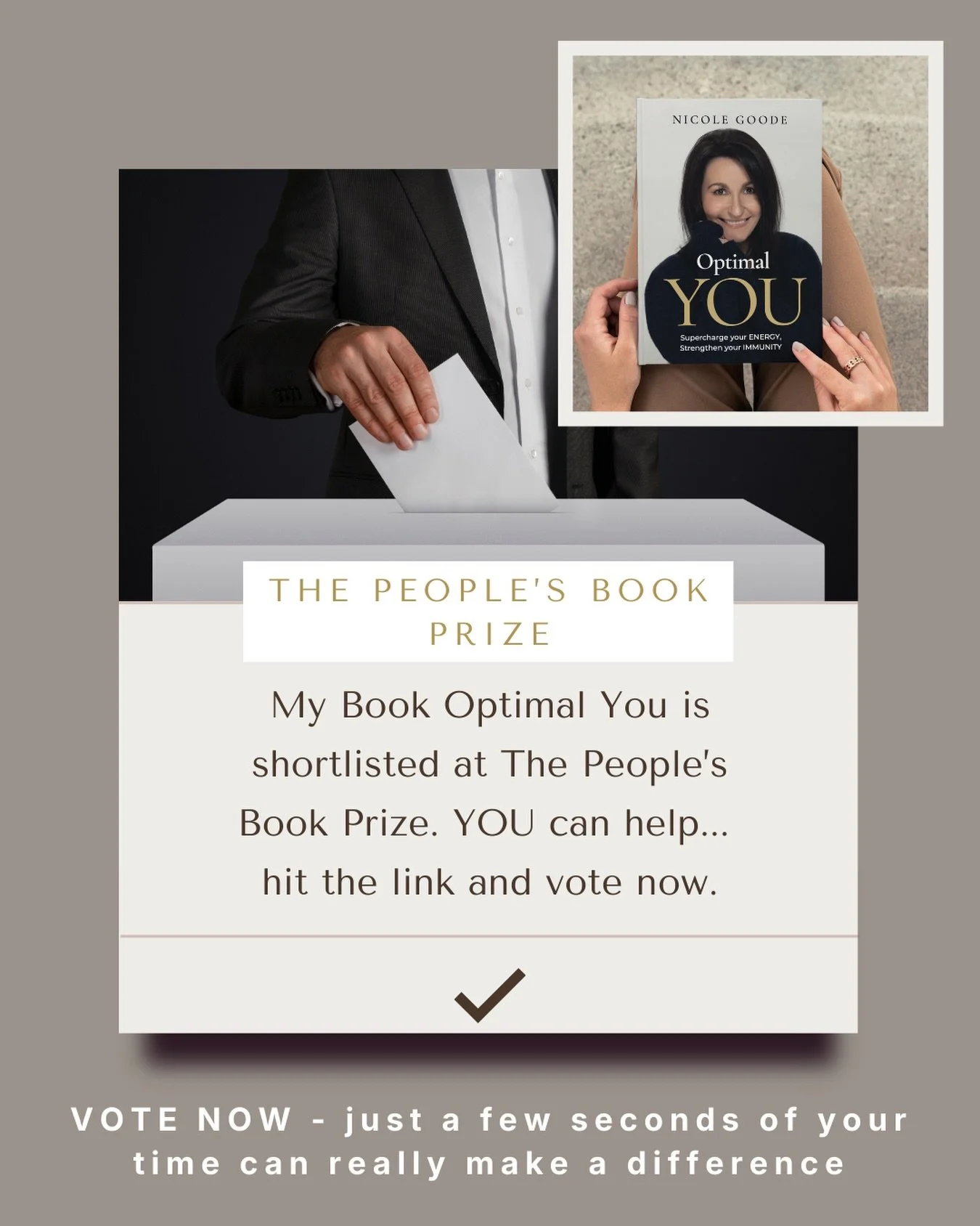 YOU CAN REALLY HELP. 
Optimal You my book is shortlisted for The People&rsquo;s Book Prize and you can vote for us. 

Please hit the link below or in my bio 
Scroll down
Enter your name and email
Submit your vote 

Simple. 

A few seconds of your tim