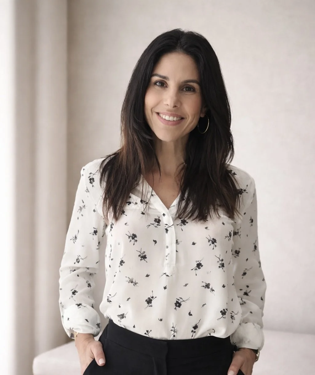 A woman with dark hair wearing a white blouse with black floral pattern, smiling, standing in front of a plain beige wall.