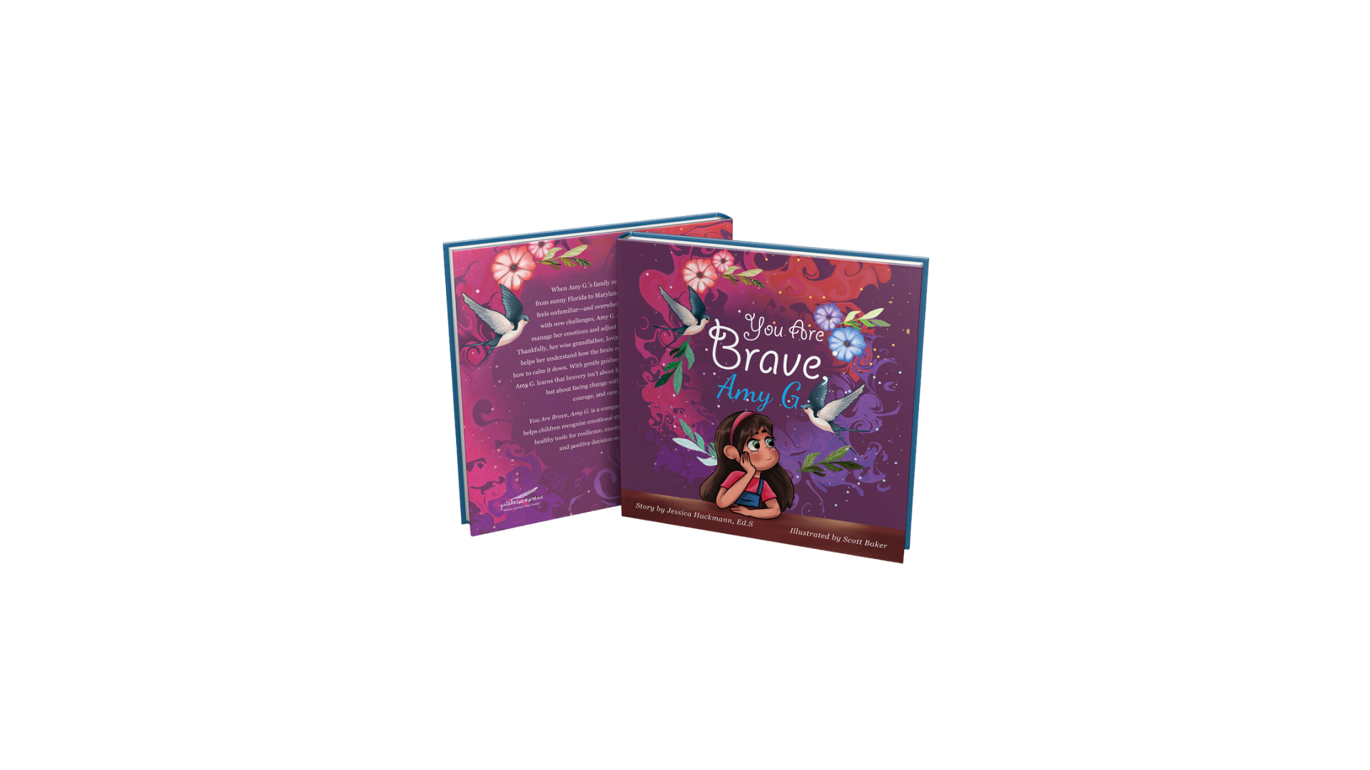 Children's book titled 'You Are Brave, Amy G' with illustrated cover featuring a girl and hummingbirds.