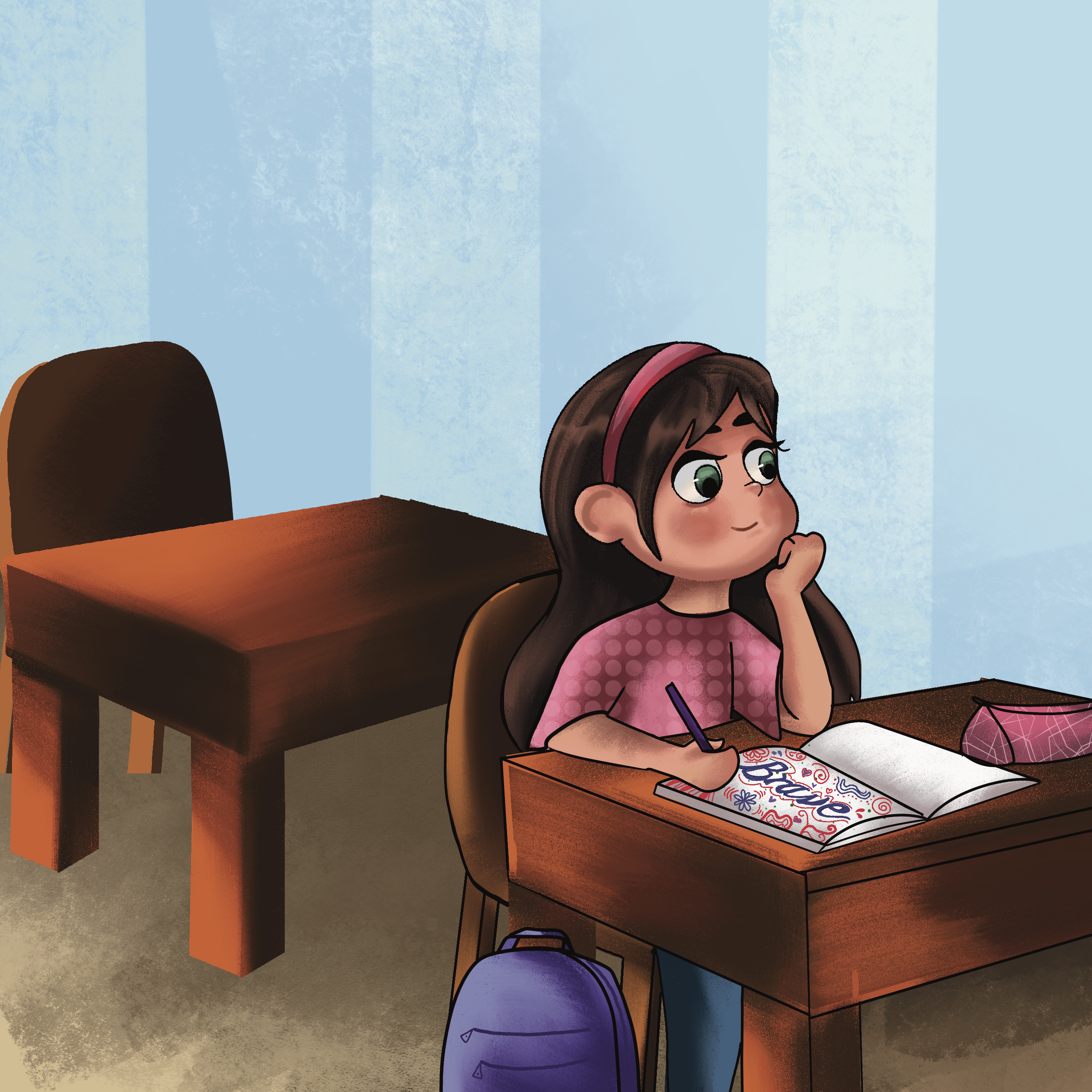 A young girl with long brown hair, a pink headband, and a pink polka-dot shirt sits at a wooden desk, thinking while drawing or writing in a notebook. A purple backpack is on the floor beside her. The classroom has blue walls and two other empty wooden desks.