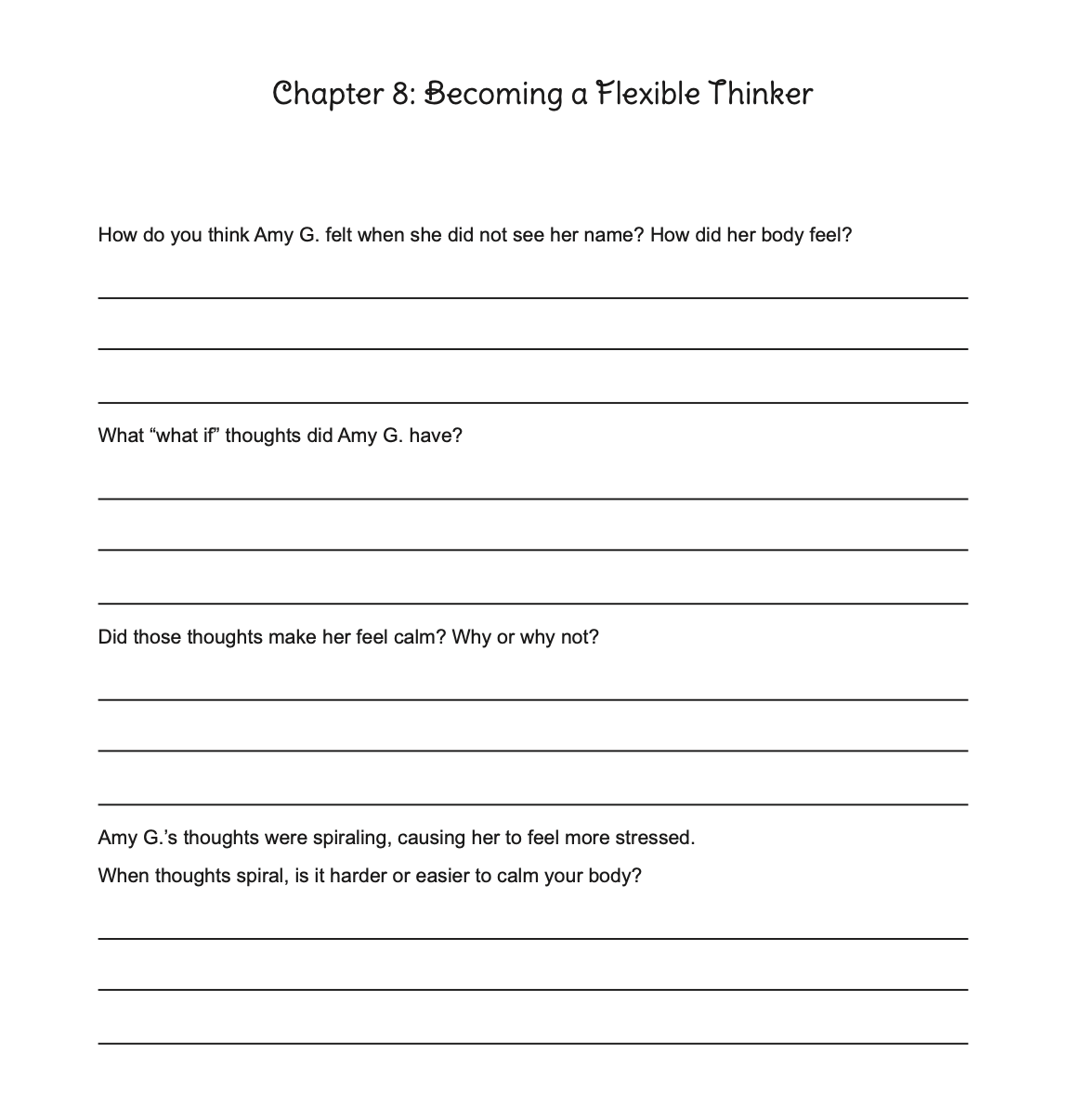 Page from a workbook with the title 'Chapter 8: Becoming a Flexible Thinker' and questions about Amy G.'s feelings and thoughts, including lined spaces for writing answers.