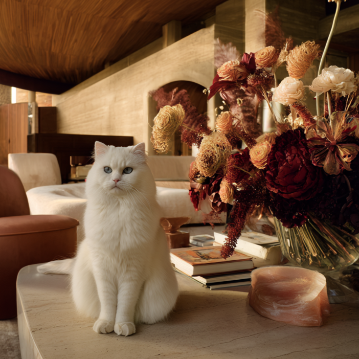 White long-haired cat resting on a stone coffee table in a pristine, modern living room with neutral furnishings and a floral arrangement, representing the calm and care of a Valentine’s cleaning gift.