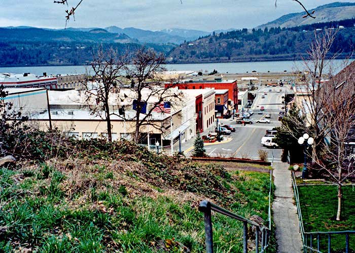 Before: The future Stratton Gardens site, still a pile of rocky debris; with the Columbia River in the background, February 2002