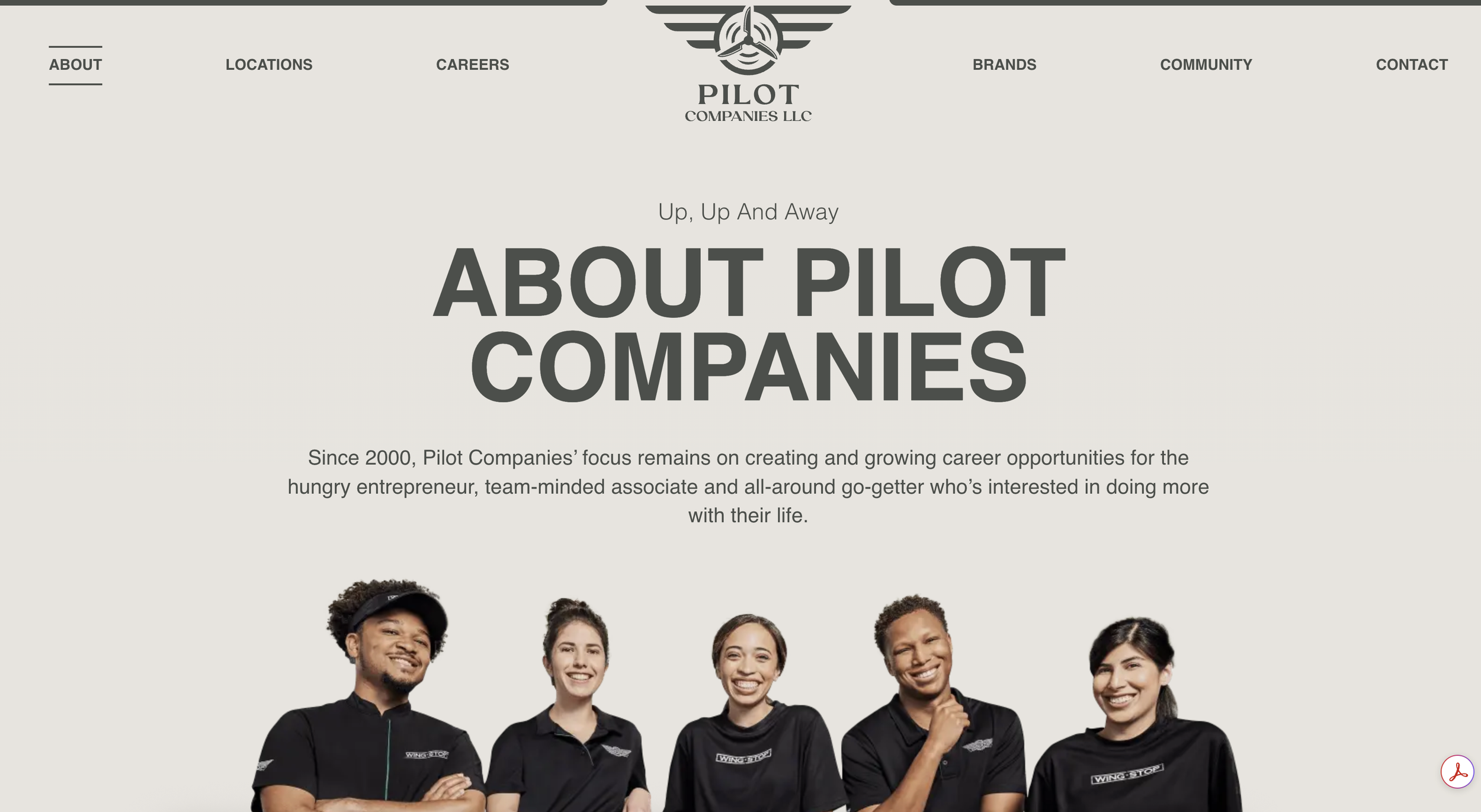A group of diverse smiling flight attendants in black uniforms standing together on a website page titled 'About Pilot Companies.'