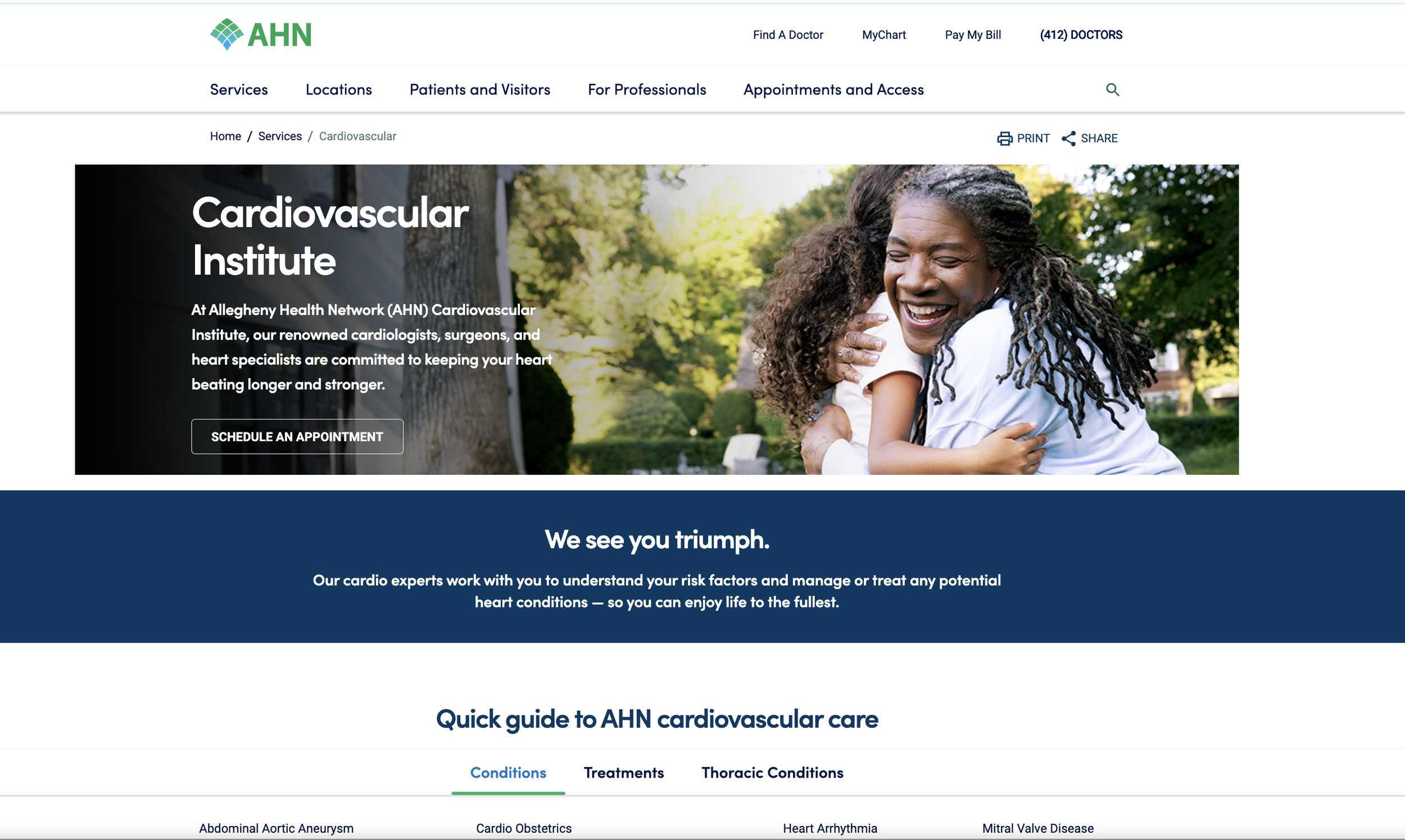 Webpage from AHN Cardiovascular Institute featuring a woman and a girl hugging outdoors, with trees in the background.