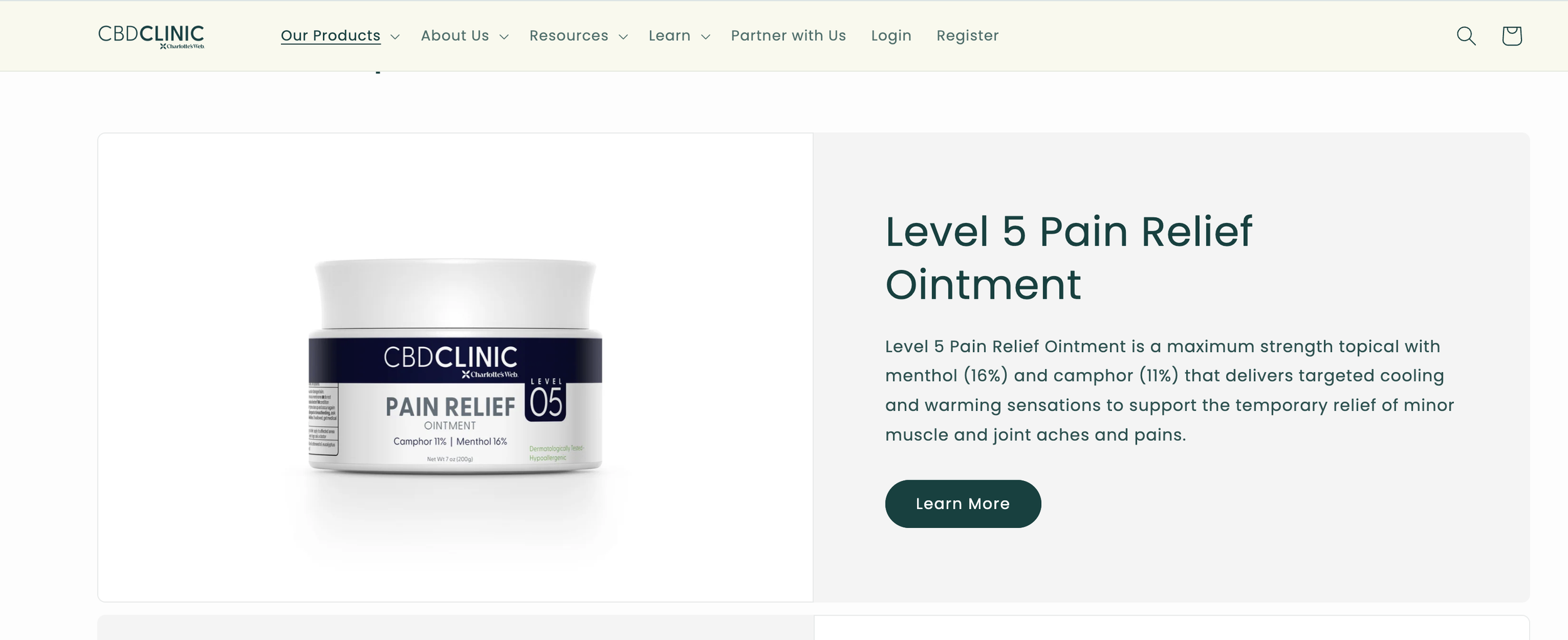 A webpage featuring CBD Clinic Level 5 Pain Relief Ointment with a product image and description.