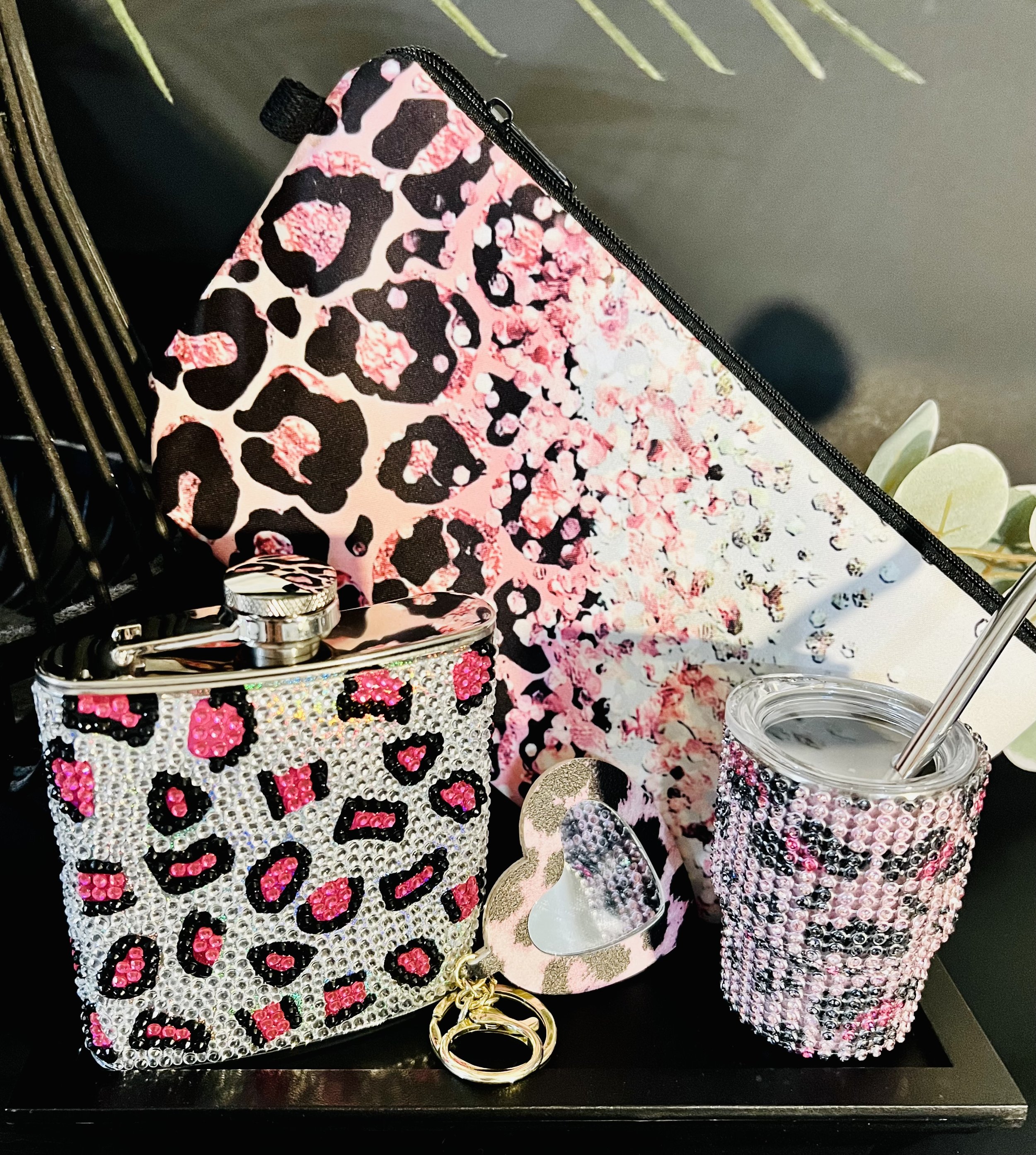 Pink Leopard Flask Gift Set