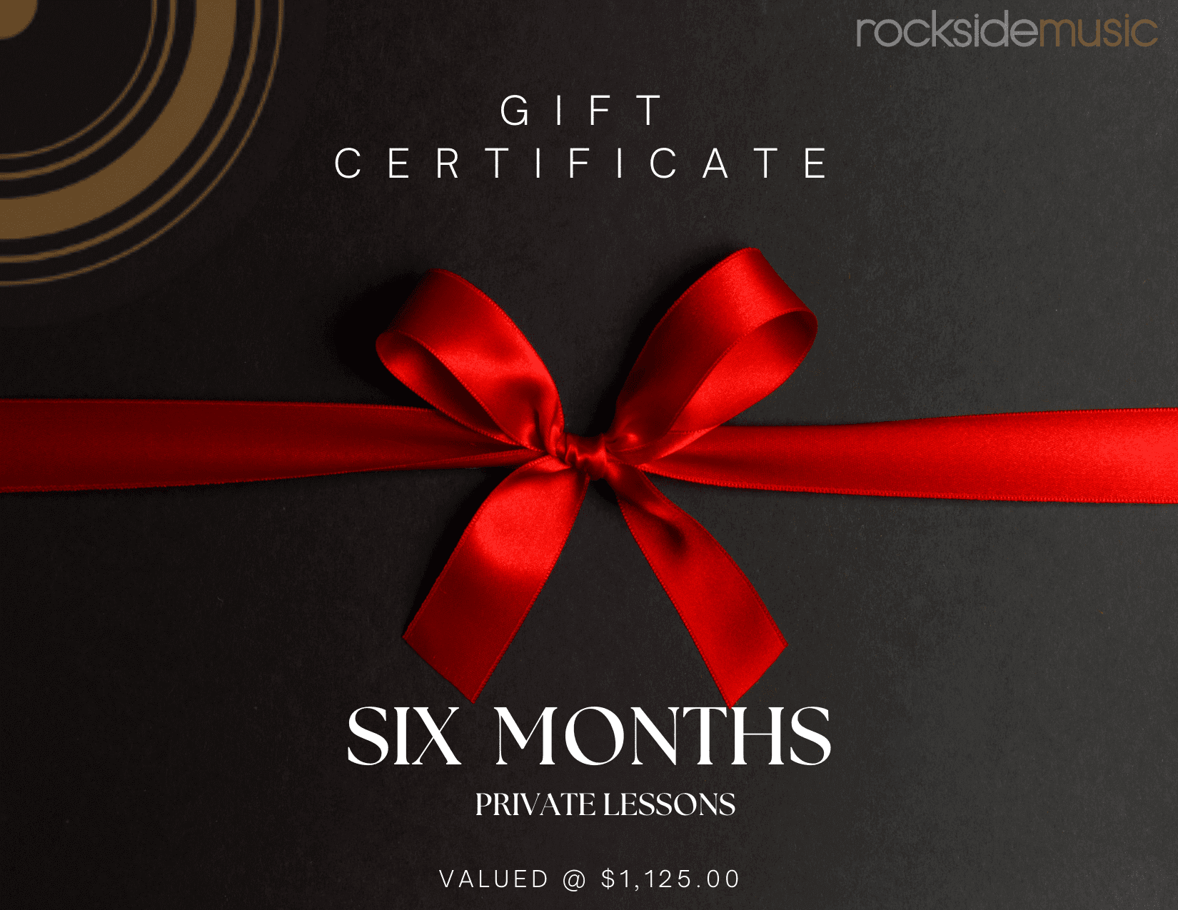 Gift certificate for six months of private lessons with a red ribbon on a black background.