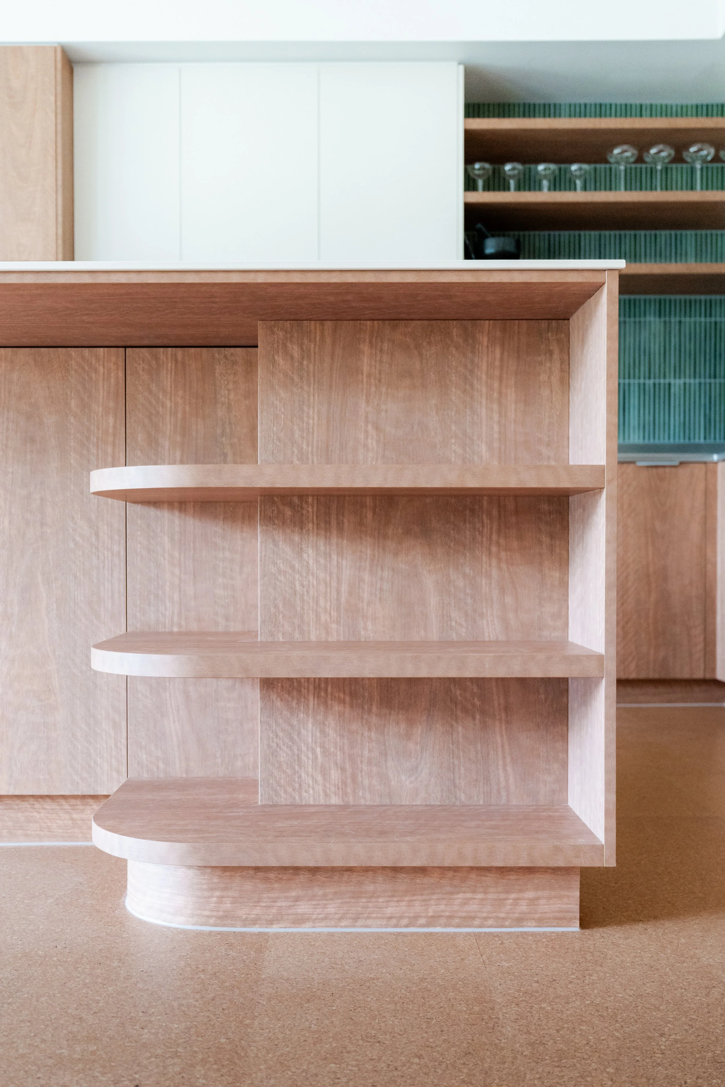 Laminex Spotted Gum custom curve shelves 