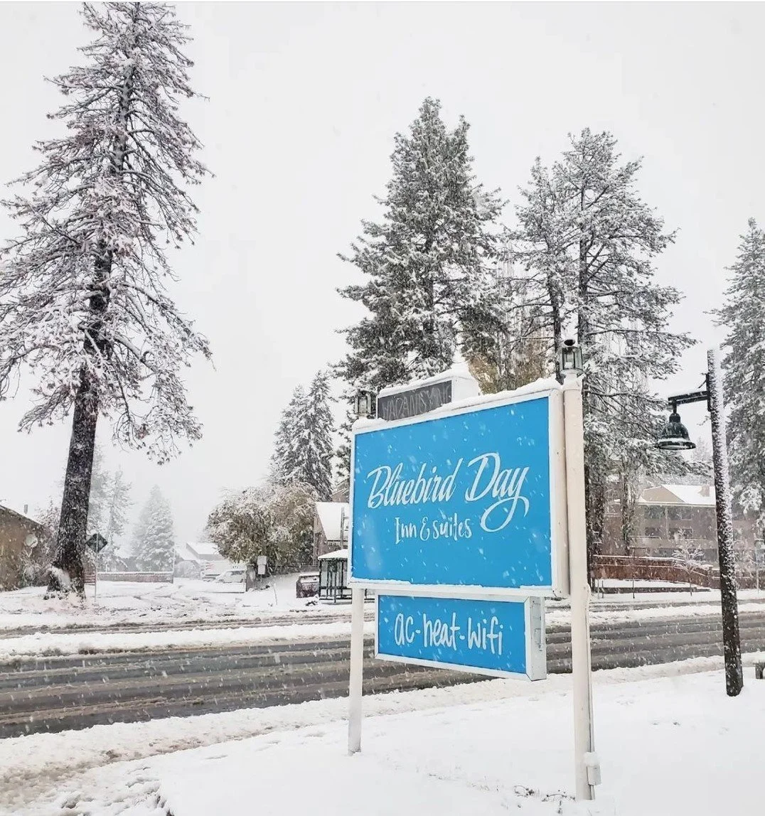 Snow-covered street with a large blue sign for Bluebird Day Inn & Suites and amenities like AC, heat, and Wi-Fi, with snow falling and trees in the background.
