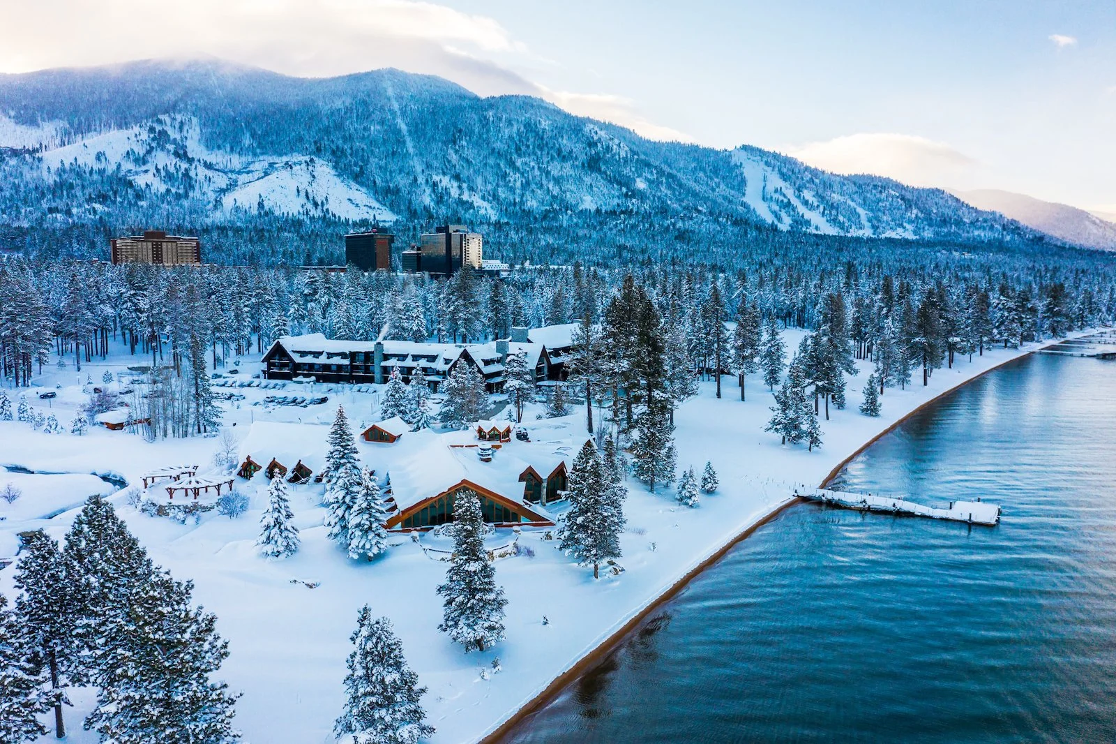 Snow-covered South Lake Tahoe in California, up the road from Bluebird Day Inn & Suites.