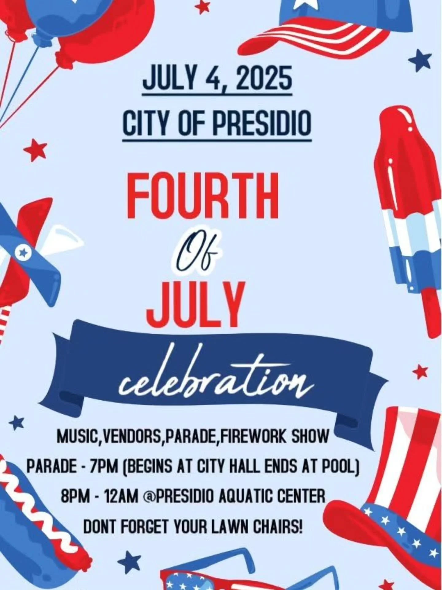 Come enjoy this FREE event tomorrow, Friday! The Presidio Aquatic Center will have FREE admission for all. There will be music, vendors, and a fireworks show!