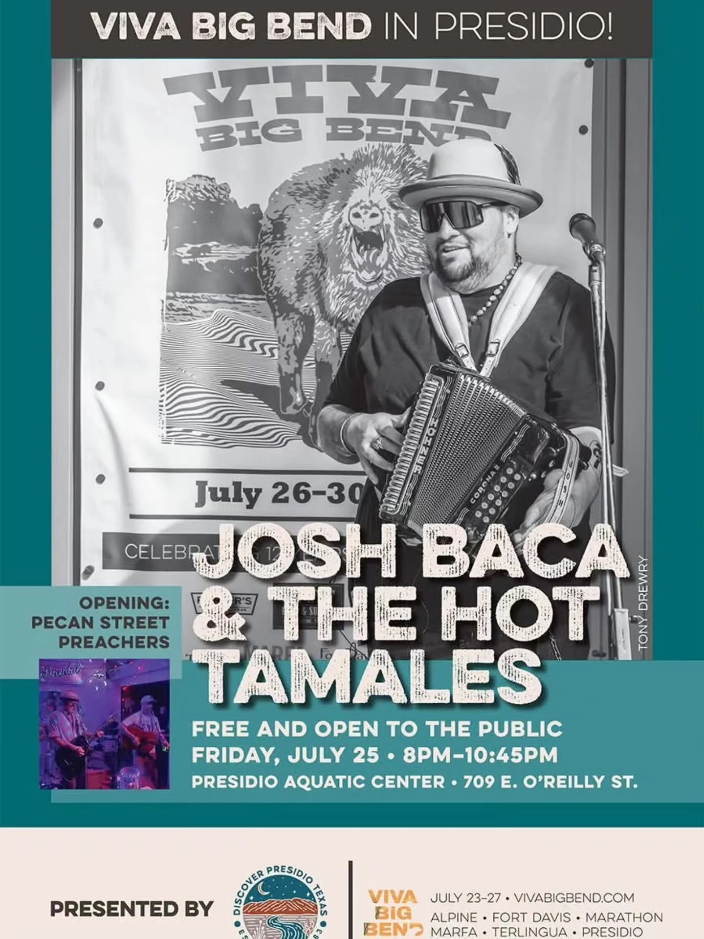VIVA BIG BEND &ndash; IN PRESIDIO, TX! 🎉
Get ready for an unforgettable night at the Presidio Aquatic Center with Josh Baca &amp; The Hot Tamales 🔥
📅 Friday, July 25
🕤 Show starts at 8PM with the Pecan Street Preachers
💦 POOL OPEN from 4PM UNTIL