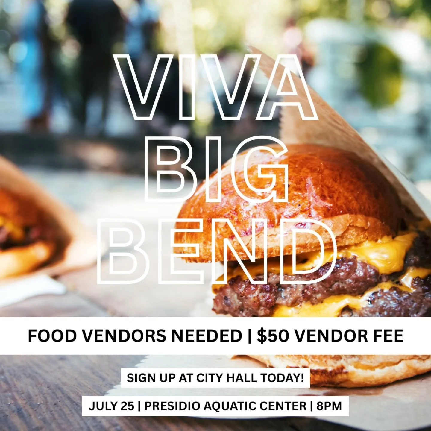 We are still accepting vendors for this Friday's Viva Big Bend event!
There is a $50 registration fee payable to the City of Presidio. 
Message for more info or visit City Hall to sign up! 
Show starts at 8PM
Pool open from 4PM-10PM with FREE ADMISSI