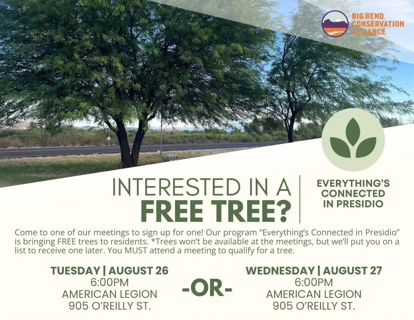 Interested in a FREE tree? Join @bigbendconservationalliance Tuesday (8/26) or Wednesday (8/27) at the American Legion for the opportunity to get one. You MUST attend a meeting to get a tree.