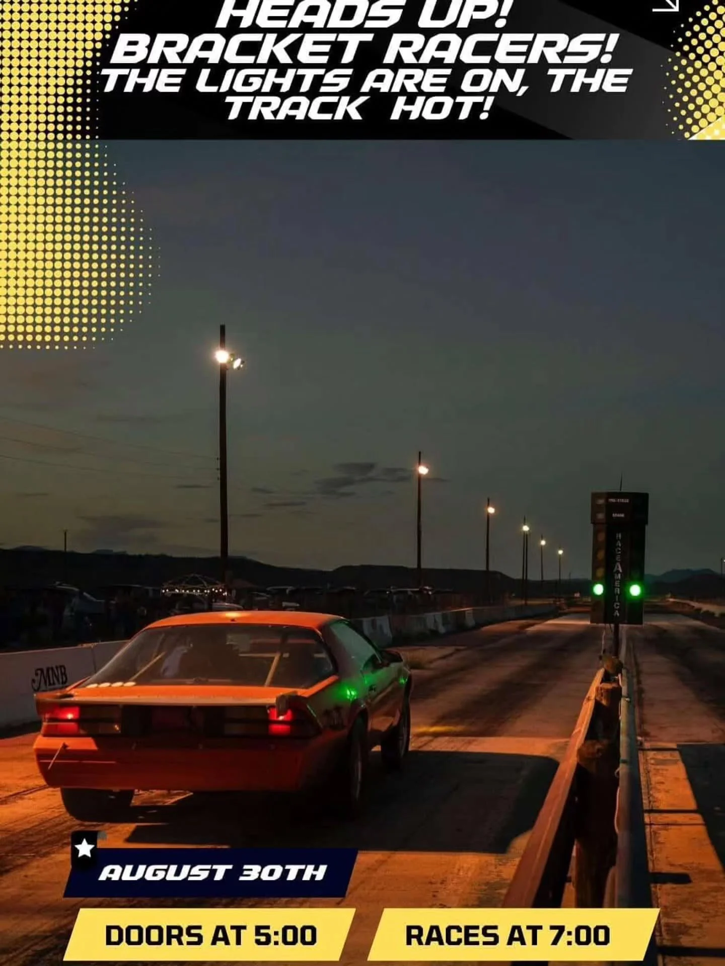 🔥🏁 The lights are on, the track is hot! 🏁🔥
Drag racing action happening this Saturday, August 30th!
Doors open at 5PM, races start at 7PM.
Think you&rsquo;ve got what it takes? Come prove it under the lights! 🚦💨