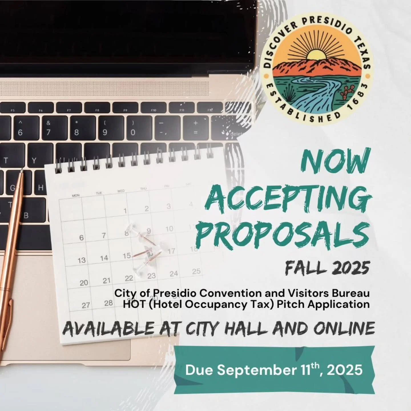 Have an idea to boost tourism in Presidio?
The City of Presidio Convention &amp; Visitors Bureau is now accepting proposals for funding through the HOT (Hotel Occupancy Tax) program for Fall 2025!

📍 Applications available at City Hall &amp; online
