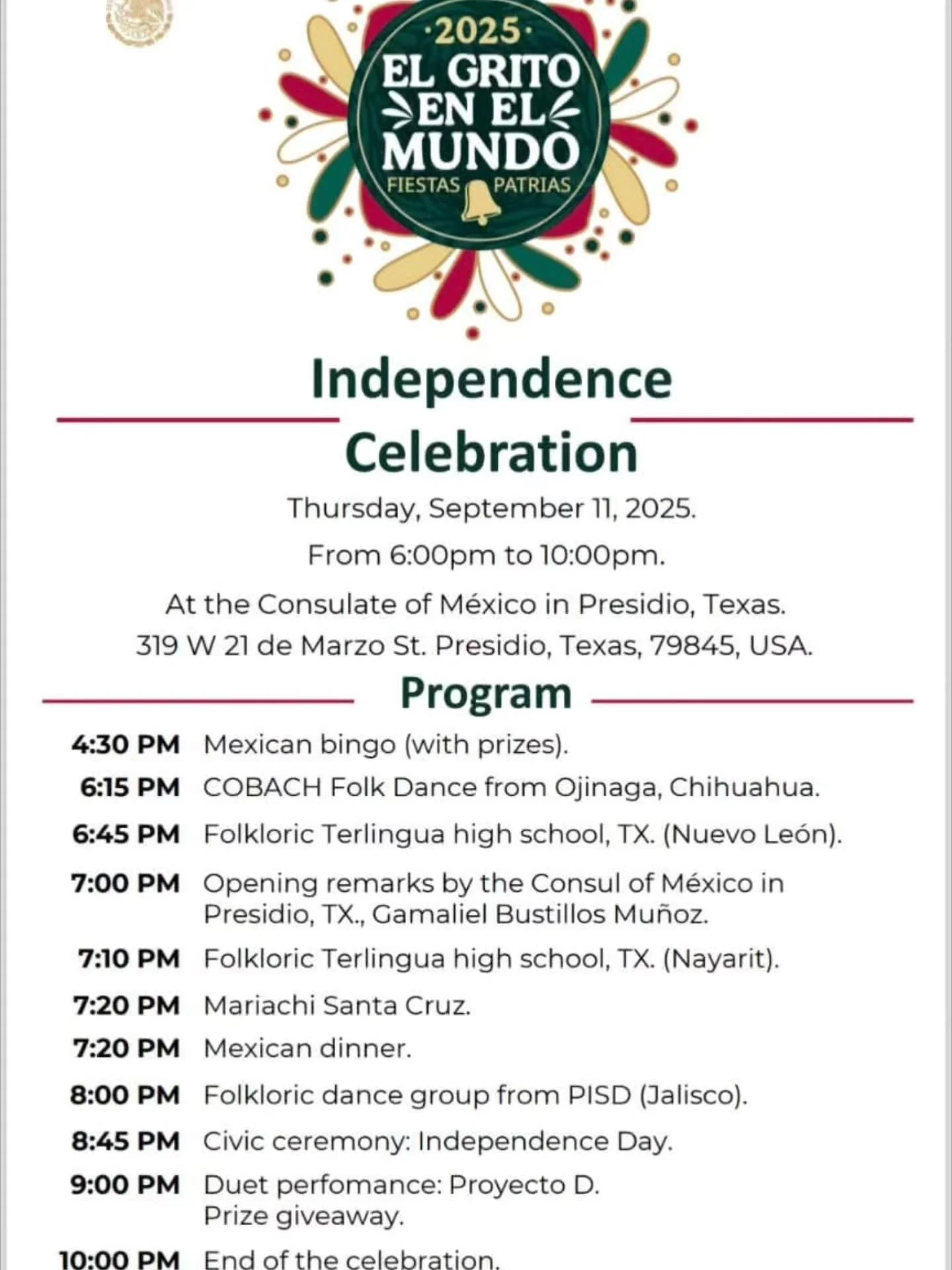 It&rsquo;s time to celebrate Mexico's IndependenceDay! 
Join us for an evening full of music, folklorico, mariachi, Mexican dinner &amp; more as we honor Mexico&rsquo;s Independence.

📍 Consulado de M&eacute;xico en Presidio, TX
📅 Thursday, Sept. 1