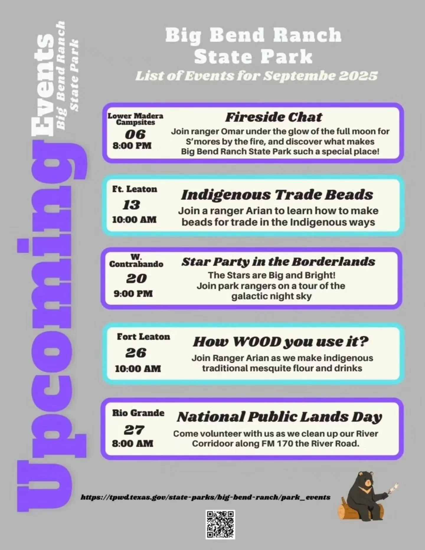 September events at Big Bend Ranch State Park!

From stargazing and campfire chats to Indigenous traditions and community cleanups, there&rsquo;s something for everyone this month.

Mark your calendars and join the fun!

#BigBendRanch #TexasStatePark