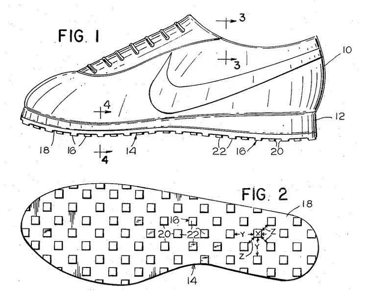 Fig. 1 and Fig. 2 from U.S. Patent No. 3,793,750 for "Athletic Shoe for Artificial Turf"