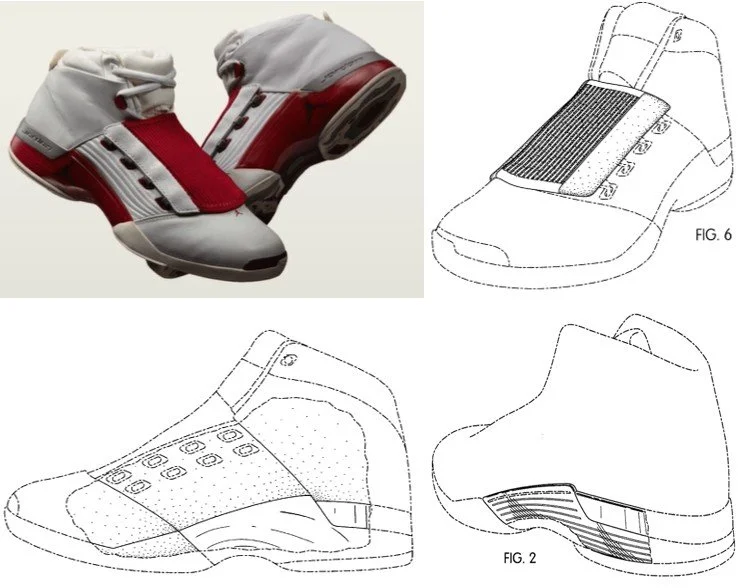 Clockwise from top left: a picture of Nike Air Jordan 17’s in the red and white variation released in 2002, Fig. 6 of US D456,121 S1, Fig. 2 of US D466,277 S1, and Fig. 2 of US D456,129 S1.