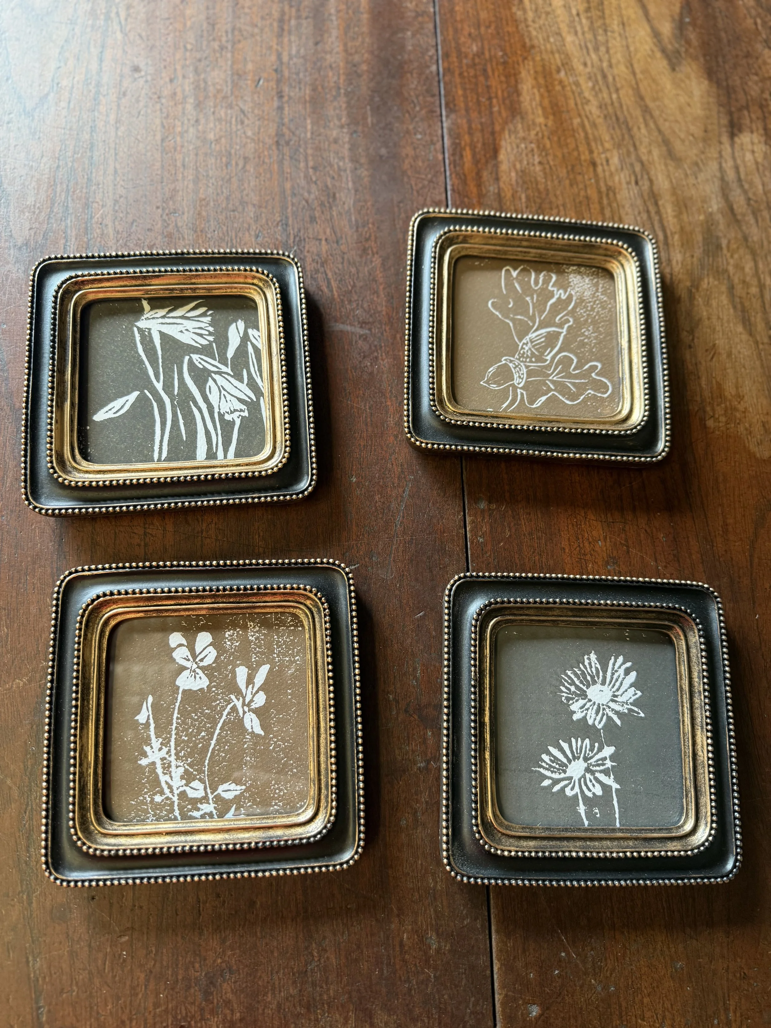 Small Flower Lino Prints in Frames $35 each