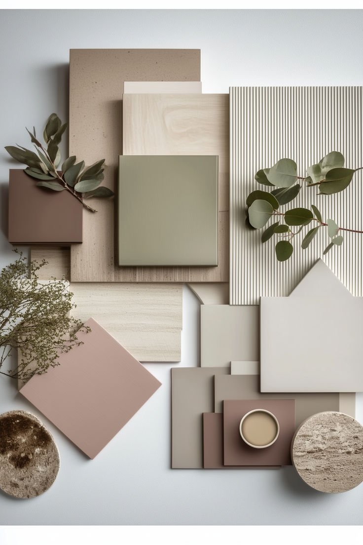 A flat lay of various neutral-colored paint swatches, tiles, and natural elements arranged on a white surface, with some greenery and a small bowl.
