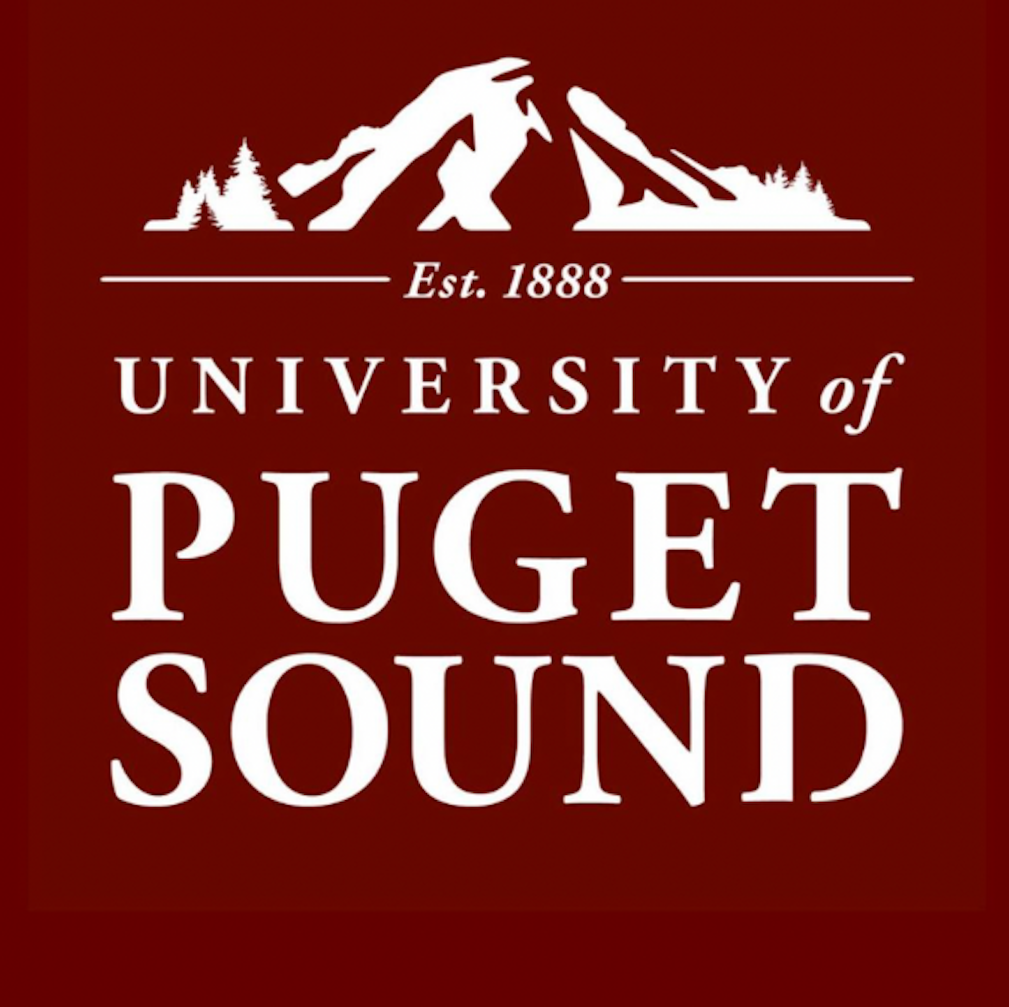 University of Puget Sound logo on a maroon field featuring mountains, trees, and text 'Est. 1888 University of Puget Sound' in white font