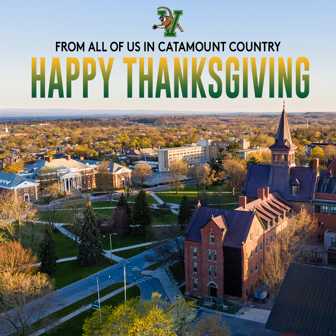 Happy Thanksgiving · Instagram post · Holiday graphic for UVM Athletics’ social channels featuring an aerial view of campus. Designed from scratch.