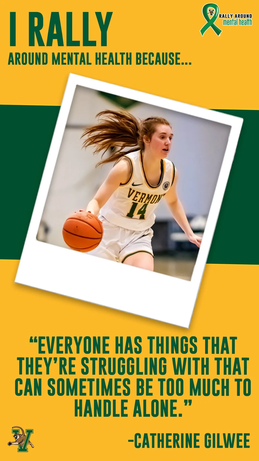 Rally Around Mental Health · Instagram story · Student-athlete spotlight for UVM Athletics’ mental health awareness campaign, pairing an athlete’s photo with her own words. Built from department template.