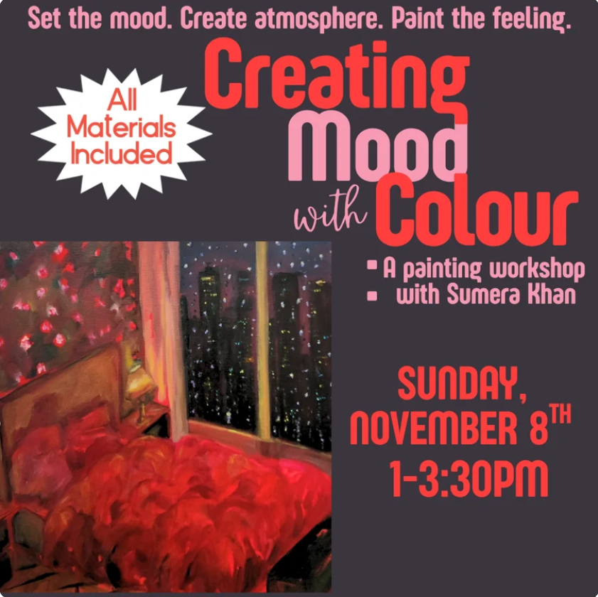 A poster advertising a painting workshop titled 'Creating Mood with Colour' featuring artwork of a cozy bedroom with red bedding, a window showing a cityscape at night with rainfall, and a pink and black color scheme for the text and background.