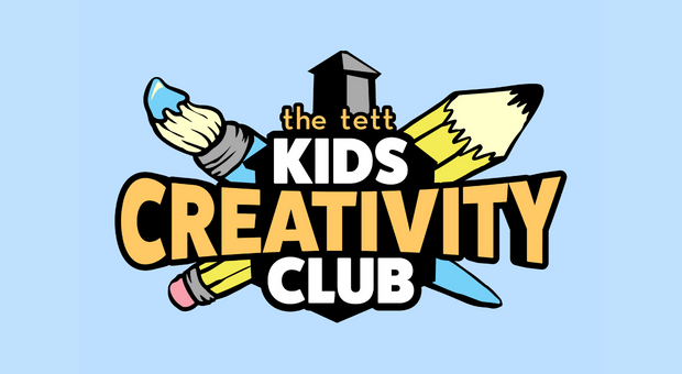 Logo for the Tett Kids Creativity Club with illustrations of a paintbrush, pencil, marker, and crayon around the text.