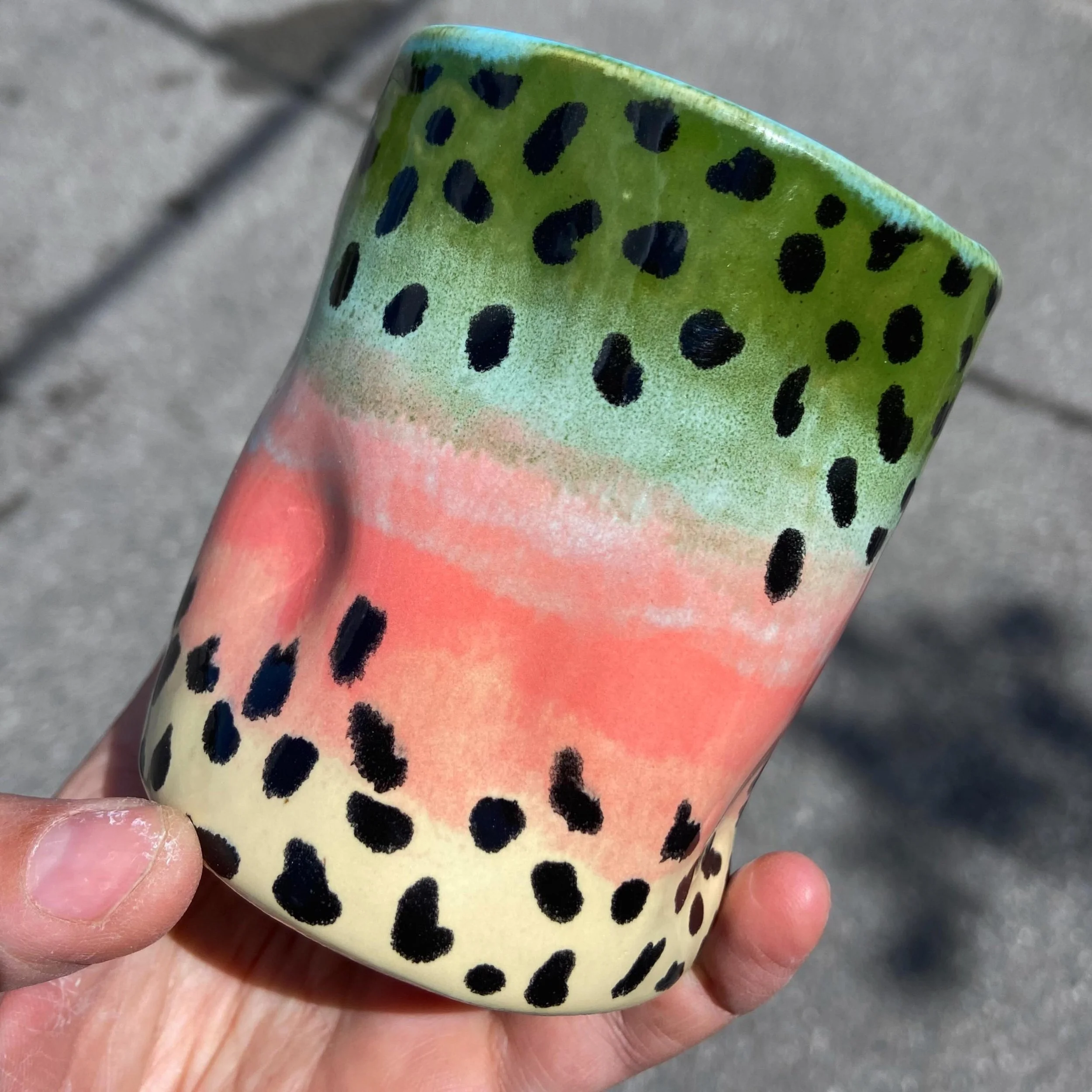 🎣 Trout Cup 🎣
Second slide is the process of testing to get to our winner 🏆 
Going to have these with me at Filson in July!!! 

#ceramicsofinstagram #ceramics #ceramiccup #fishing #rainbowtrout