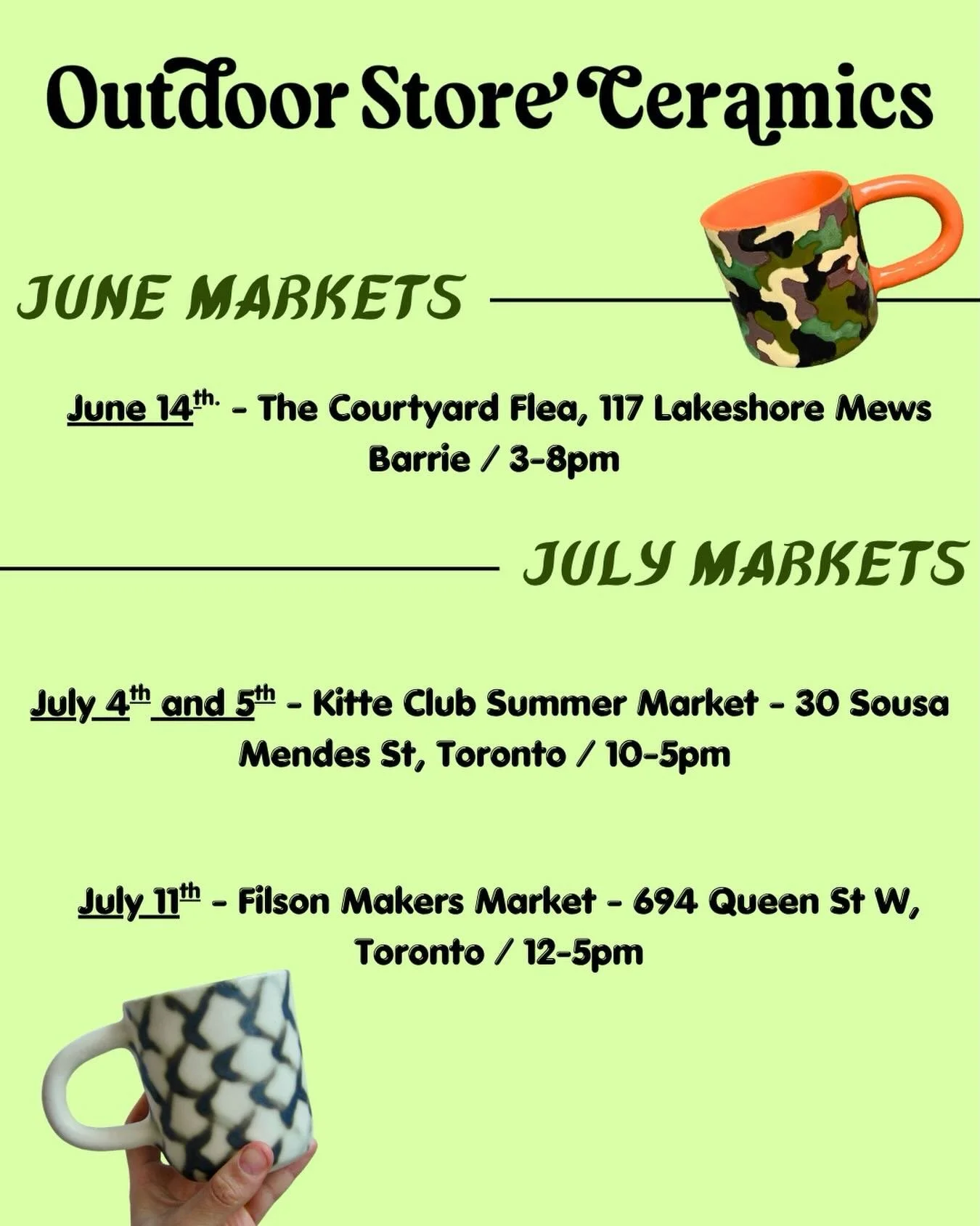 SUMMER OF MARKETS :-) 

If you&rsquo;re looking to grab some wares, here is where I&rsquo;ll be!!

🏁 June 14th - The Courtyard Flea in Barrie with @wedge_studio_ @shopblueberrymoon @ohbeehivebarrie and more!! 

🏁 July 4th and 5th - @kitteclub Summe