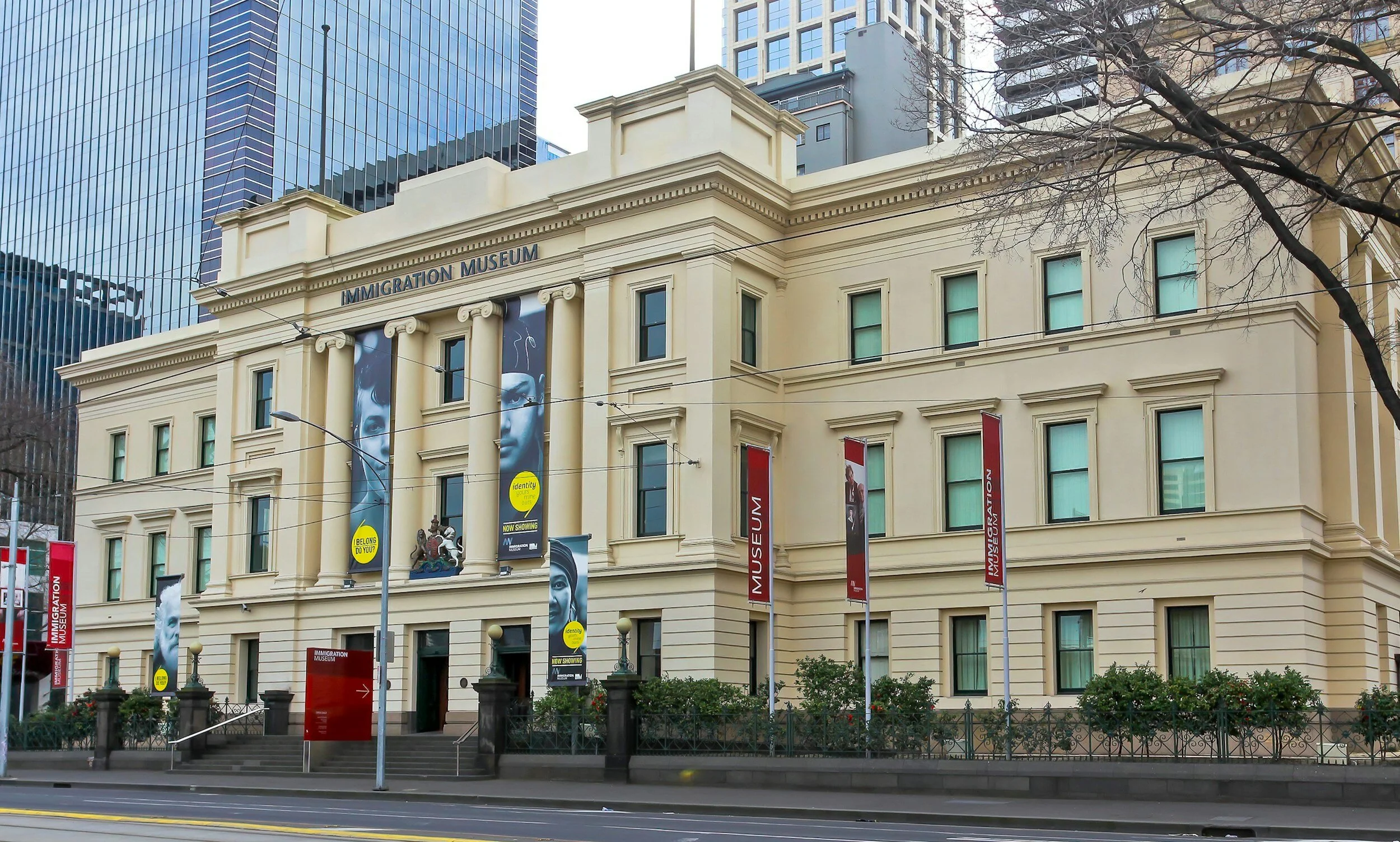 The cream-coloured facade of Melbourne's Immigration Museum, located in the grand nineteenth century building Old Customs House.