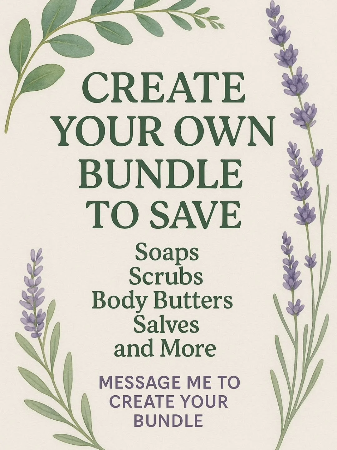 ✨ Build your own bundle + save ✨
Choose your favorites: soaps, scrubs, body butters, salves &mdash; and anything else I offer!
Customize it your way. Treat yourself, gift it, or stock up on the good stuff 🌿💜

💌 Message me to create your bundle!