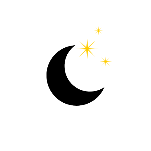 Simple moon icon with stars on a white background.