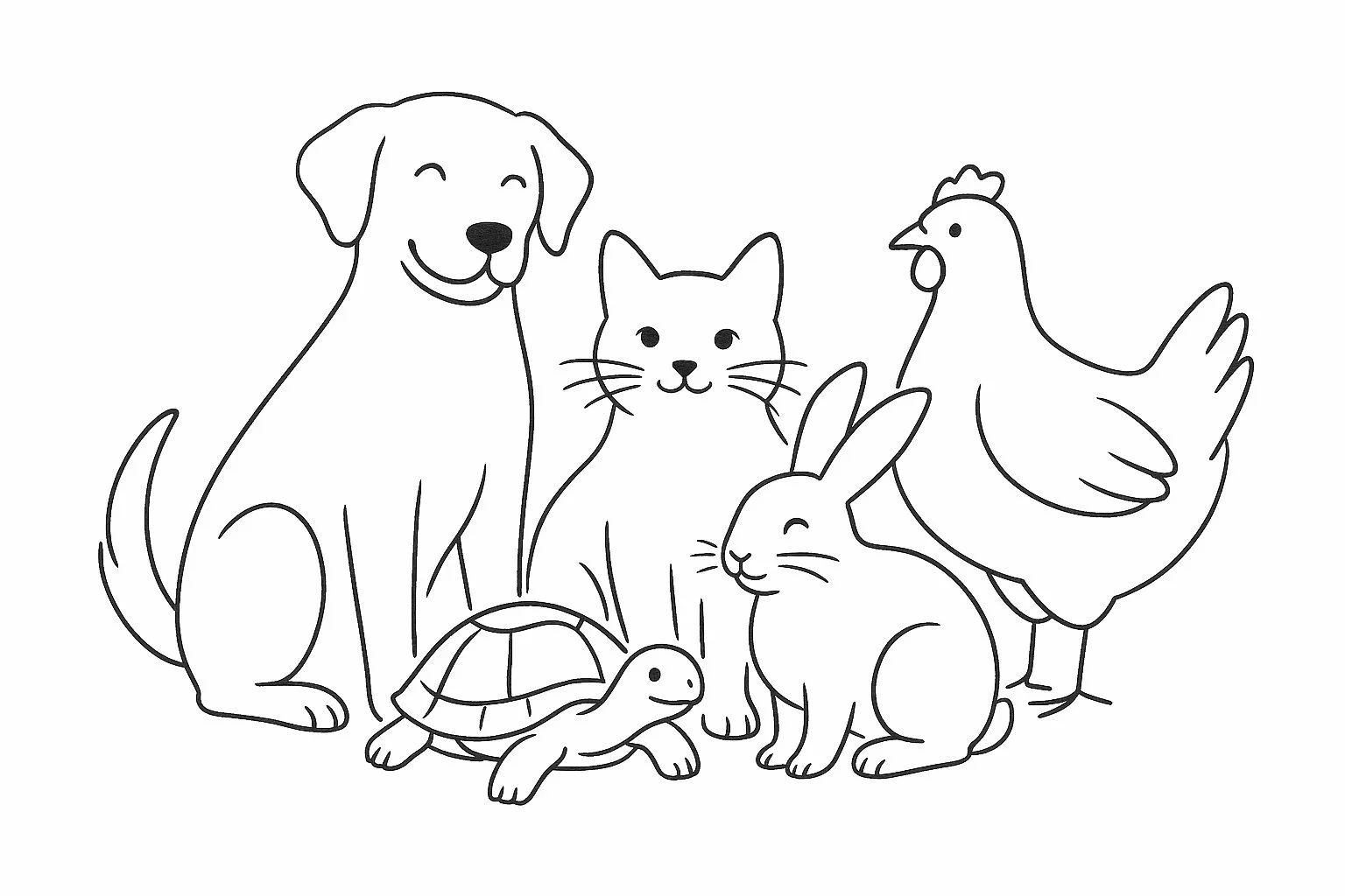 Line drawing of diverse pets: a dog, cat, chicken, rabbit, and turtle.